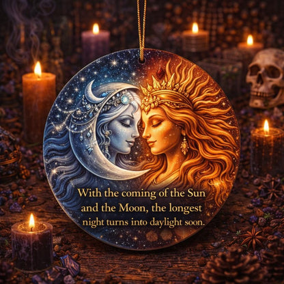 Round ceramic Sun and Moon Goddess Yule ornament with a celestial design and a quote.