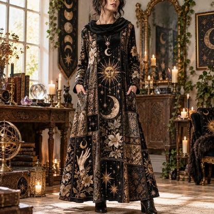 Sun and Moon Hand Celestial Cowl Neck Dress – Witchy Patchwork Maxi – worn, front view