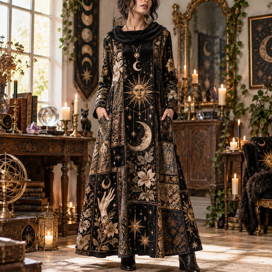 Sun and Moon Hand Celestial Cowl Neck Dress – Witchy Patchwork Maxi – worn, front view