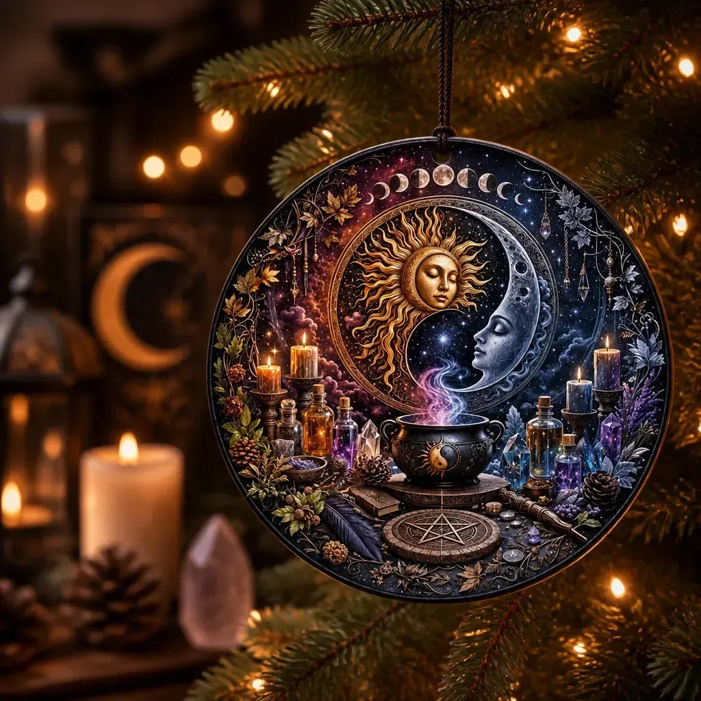 Sun and Moon Pagan Altar Christmas Ceramic Ornament – Wiccan Yule Home Decor_mockup_1.webp