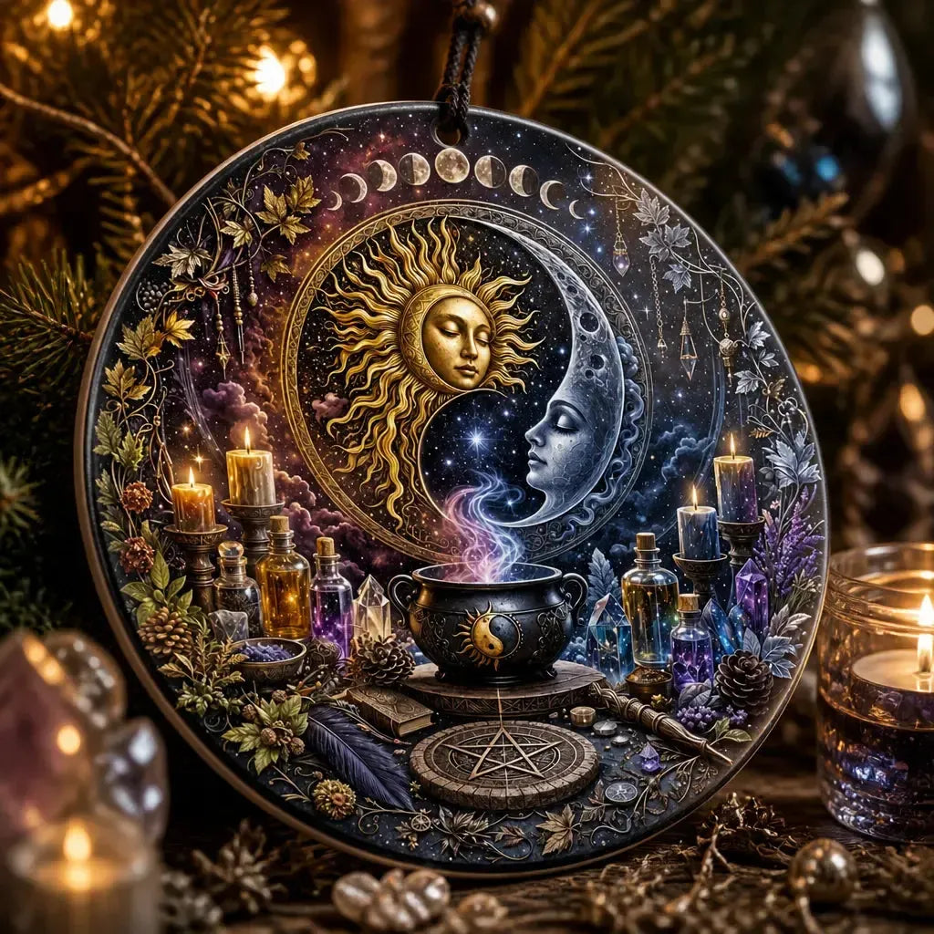 Sun and Moon Pagan Altar Christmas Ceramic Ornament – Wiccan Yule Home Decor_mockup_2.webp