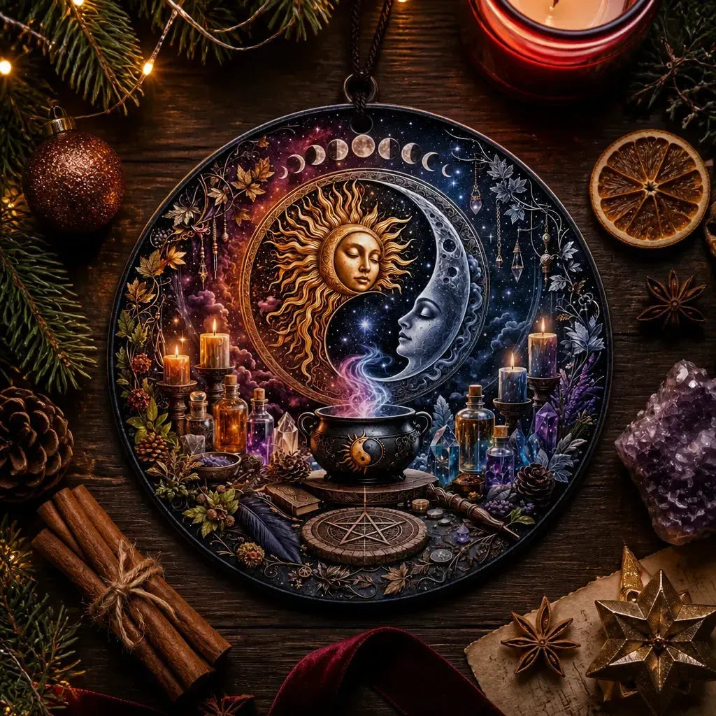 Sun and Moon Pagan Altar Christmas Ceramic Ornament – Wiccan Yule Home Decor_mockup_3.webp