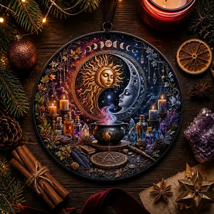 Sun and Moon Pagan Altar Christmas Ceramic Ornament – Wiccan Yule Home Decor_mockup_3.webp