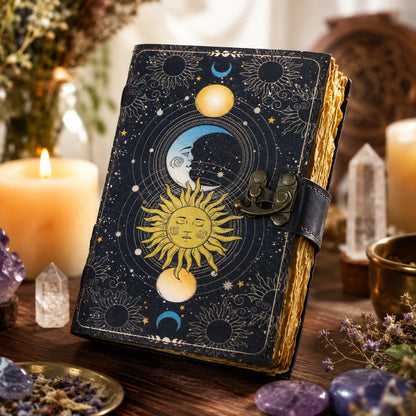 Sun and Moon Printed Leather Journal with Lock – Witch Book of Shadows Grimoire – leather journal, back cover view