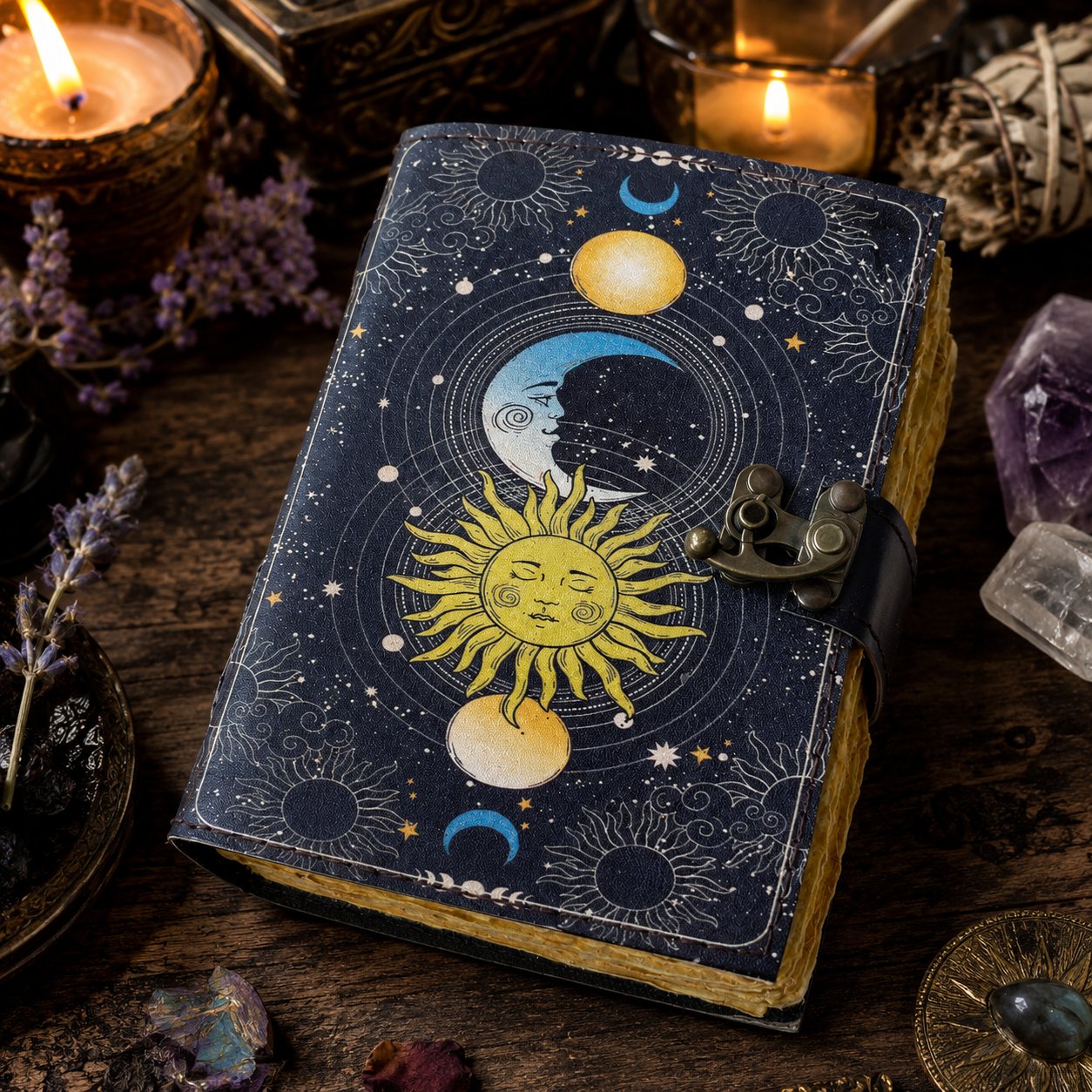 Sun and Moon Printed Leather Journal with Lock – Witch Book of Shadows Grimoire – leather journal, open blank pages view