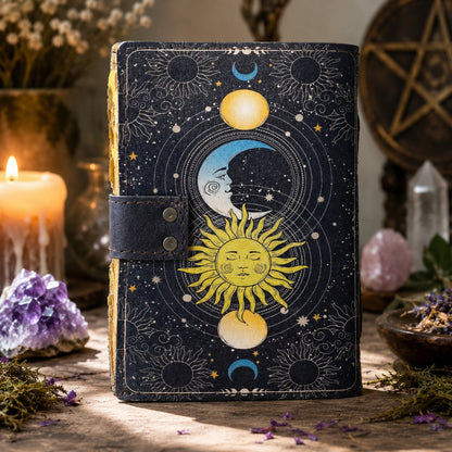 Sun and Moon Printed Leather Journal with Lock – Witch Book of Shadows Grimoire – leather journal, close-up cover detail