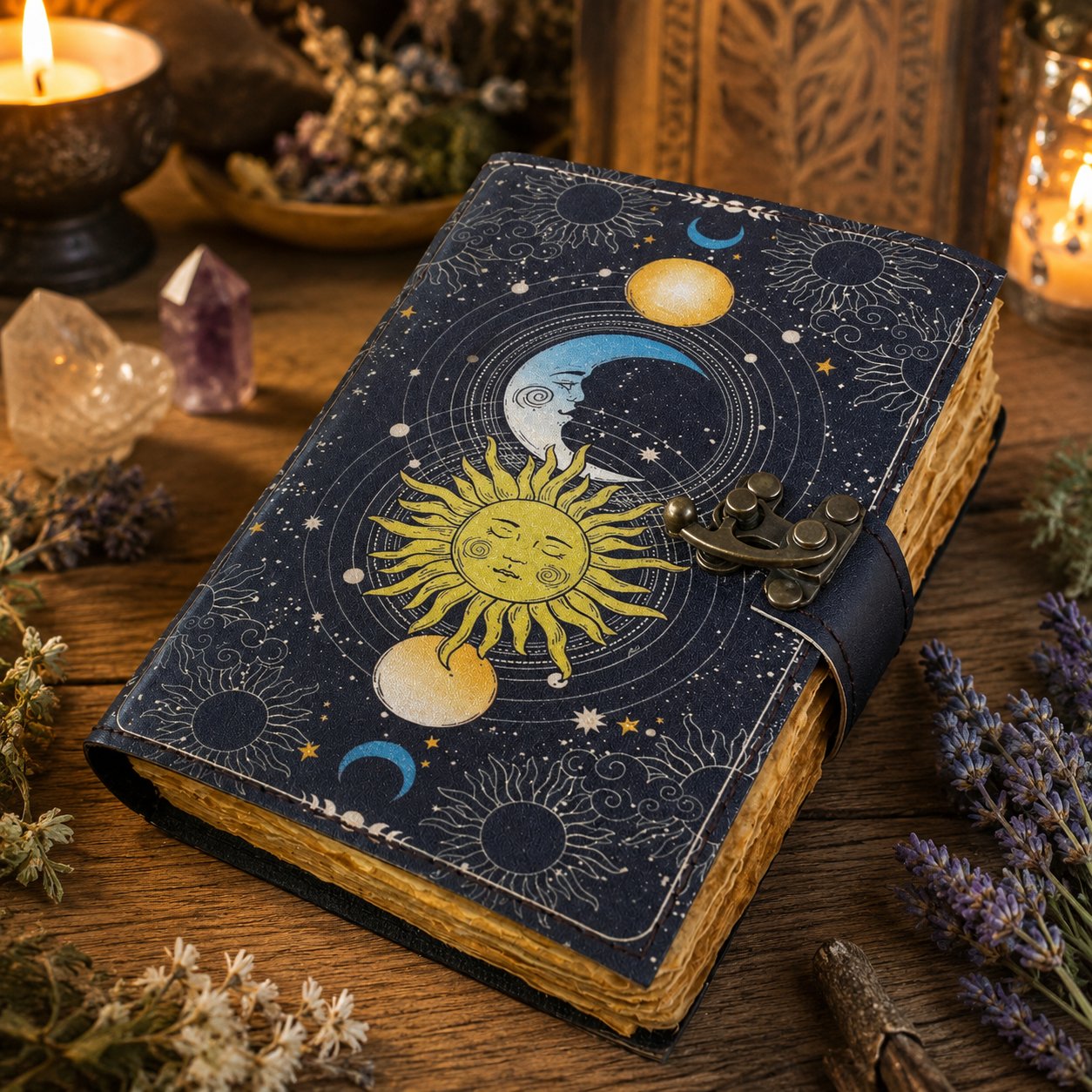 Sun and Moon Printed Leather Journal with Lock – Witch Book of Shadows Grimoire – leather journal, size and scale view