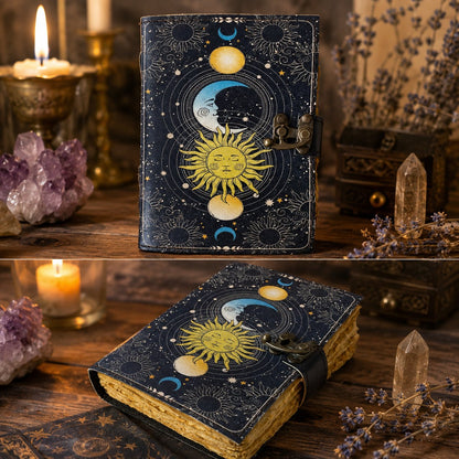 Sun and Moon Printed Leather Journal with Lock – Witch Book of Shadows Grimoire-MoonChildWorld
