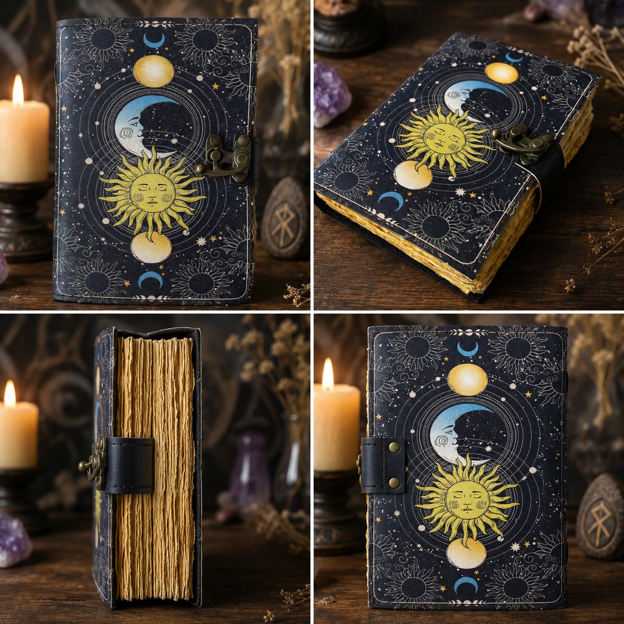 Sun and Moon Printed Leather Journal with Lock – Witch Book of Shadows Grimoire-MoonChildWorld