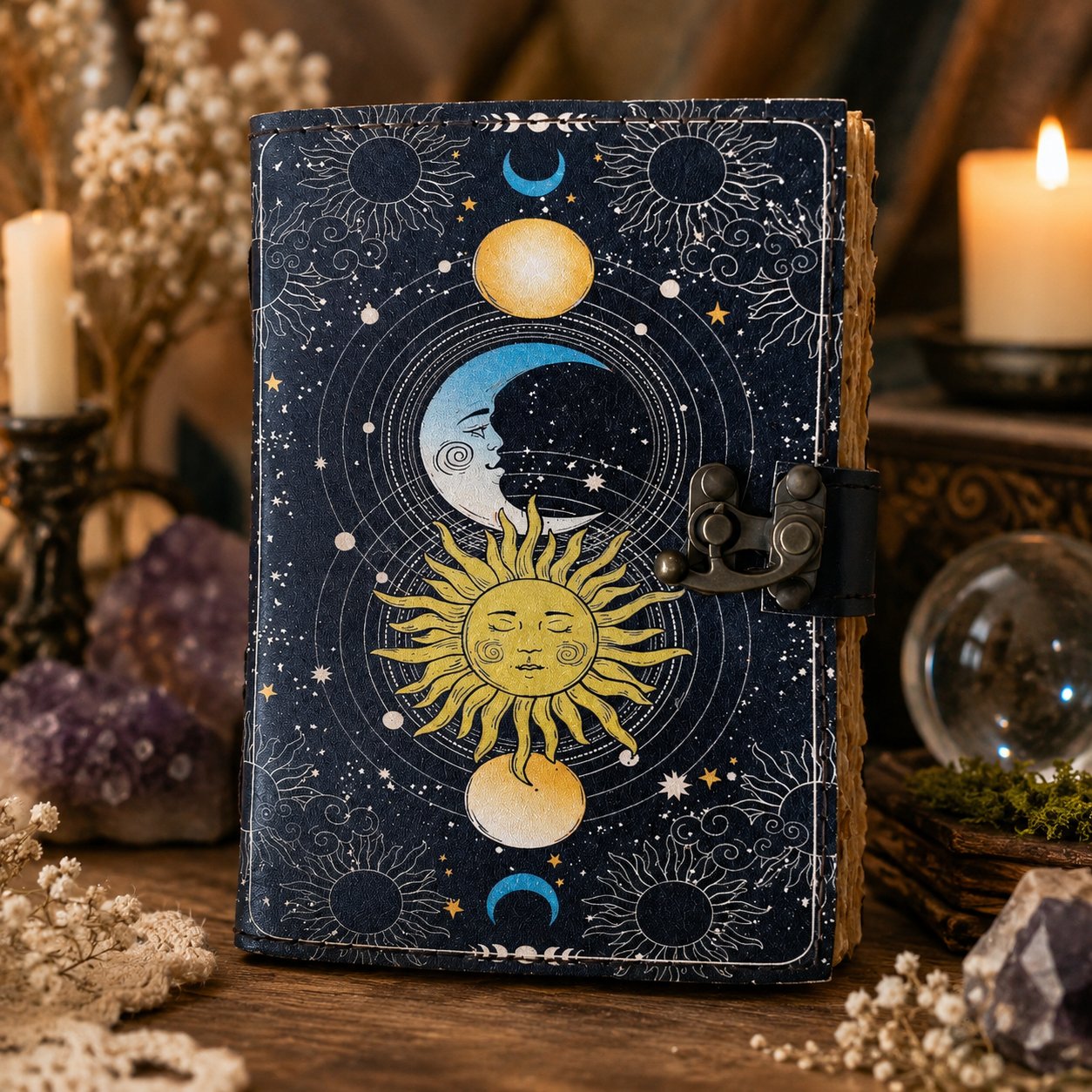 Sun and Moon Printed Leather Journal with Lock – Witch Book of Shadows Grimoire – leather journal, front cover view