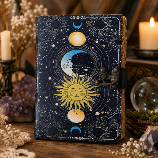 Sun and Moon Printed Leather Journal with Lock – Witch Book of Shadows Grimoire – leather journal, front cover view