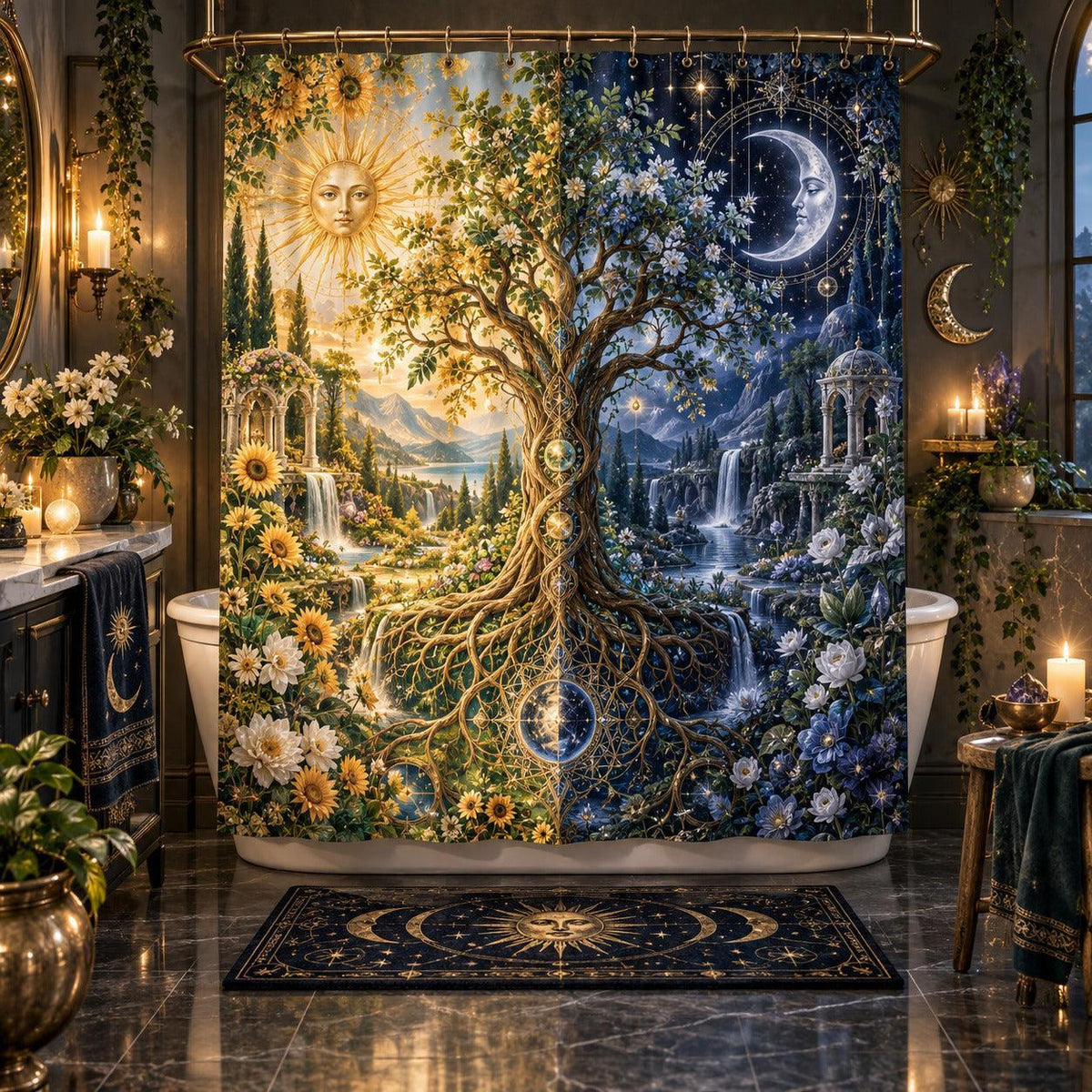 Sun and Moon Shower Curtain - Celestial Tree of Life Decor