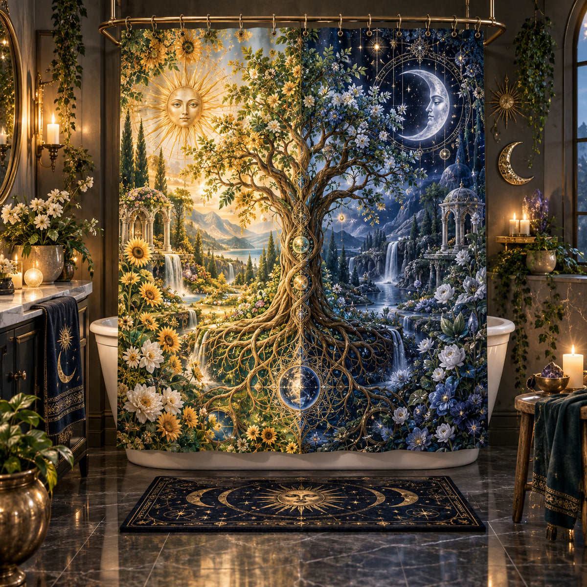 Sun and Moon Shower Curtain - Celestial Tree of Life Decor