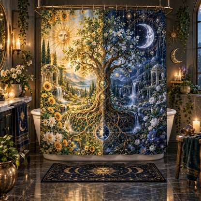 Sun and Moon Shower Curtain - Celestial Tree of Life Decor