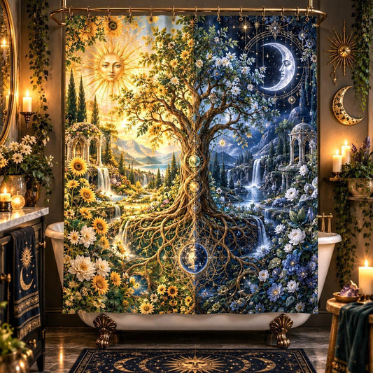 Sun and Moon Shower Curtain - Celestial Tree of Life Decor