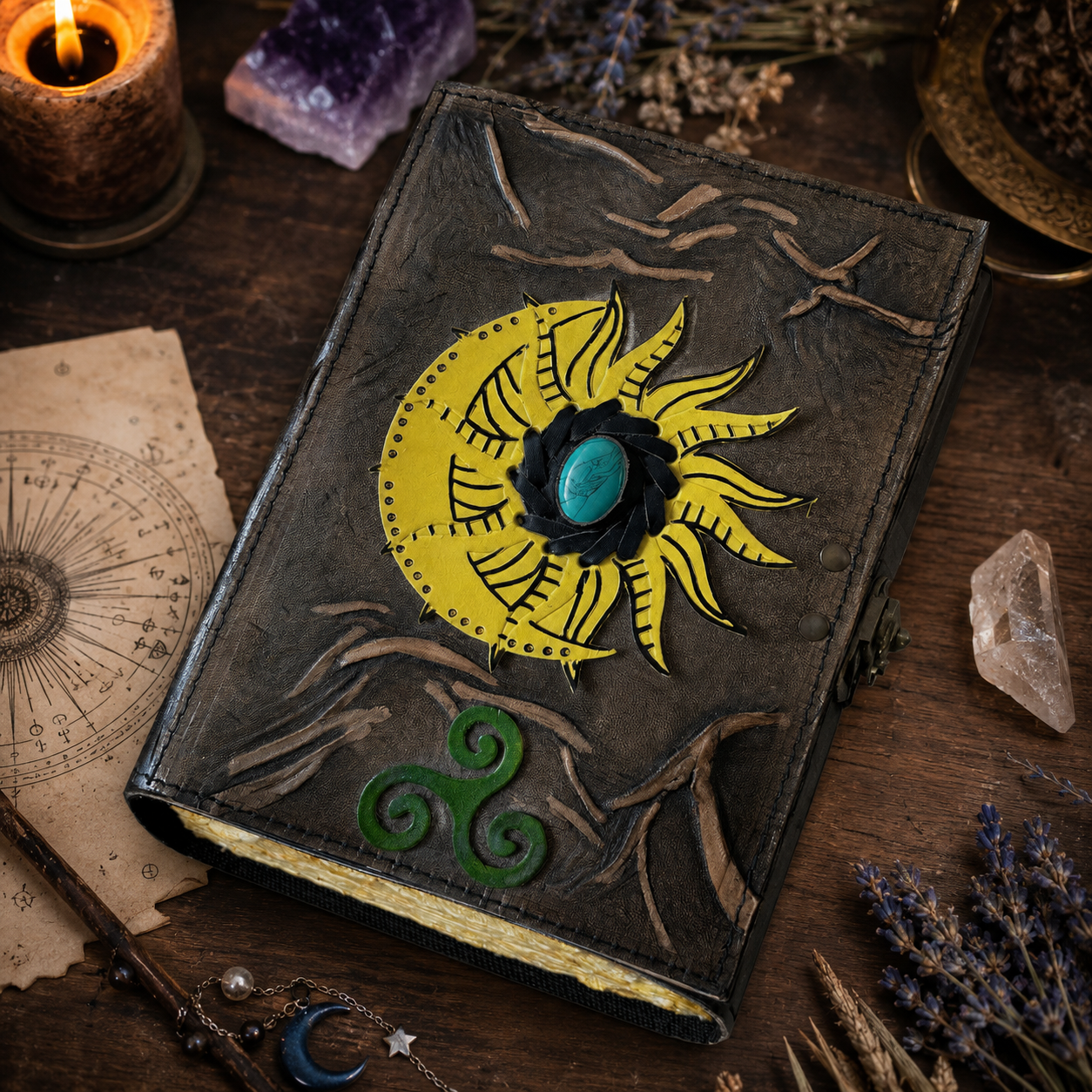 Sun and moon stone inlay leather journal – handmade celestial grimoire notebook, natural stone, view 2