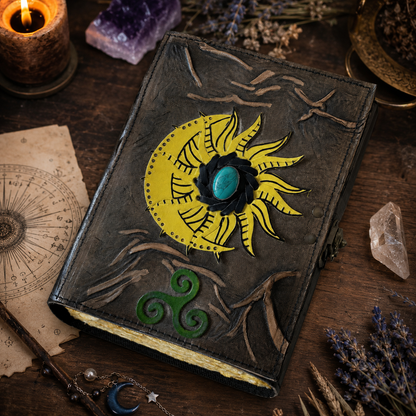 Sun and moon stone inlay leather journal – handmade celestial grimoire notebook, natural stone, view 2