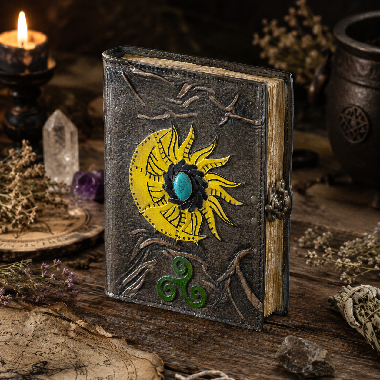 Sun and moon stone inlay leather journal – handmade celestial grimoire notebook, natural stone, view 3