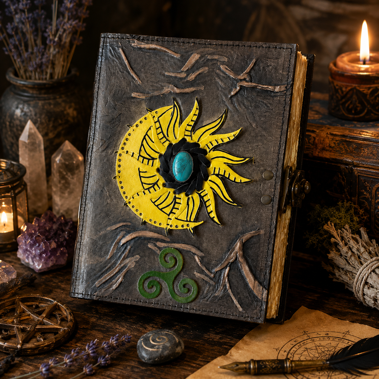 Sun and moon stone inlay leather journal – handmade celestial grimoire notebook, natural stone, view 1