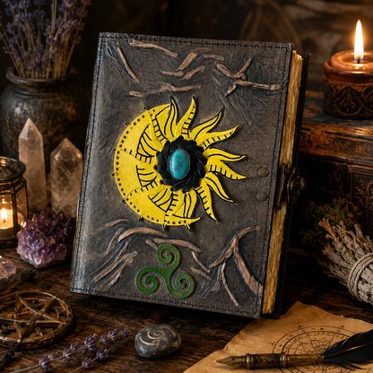 Sun and moon stone inlay leather journal – handmade celestial grimoire notebook, natural stone, view 1