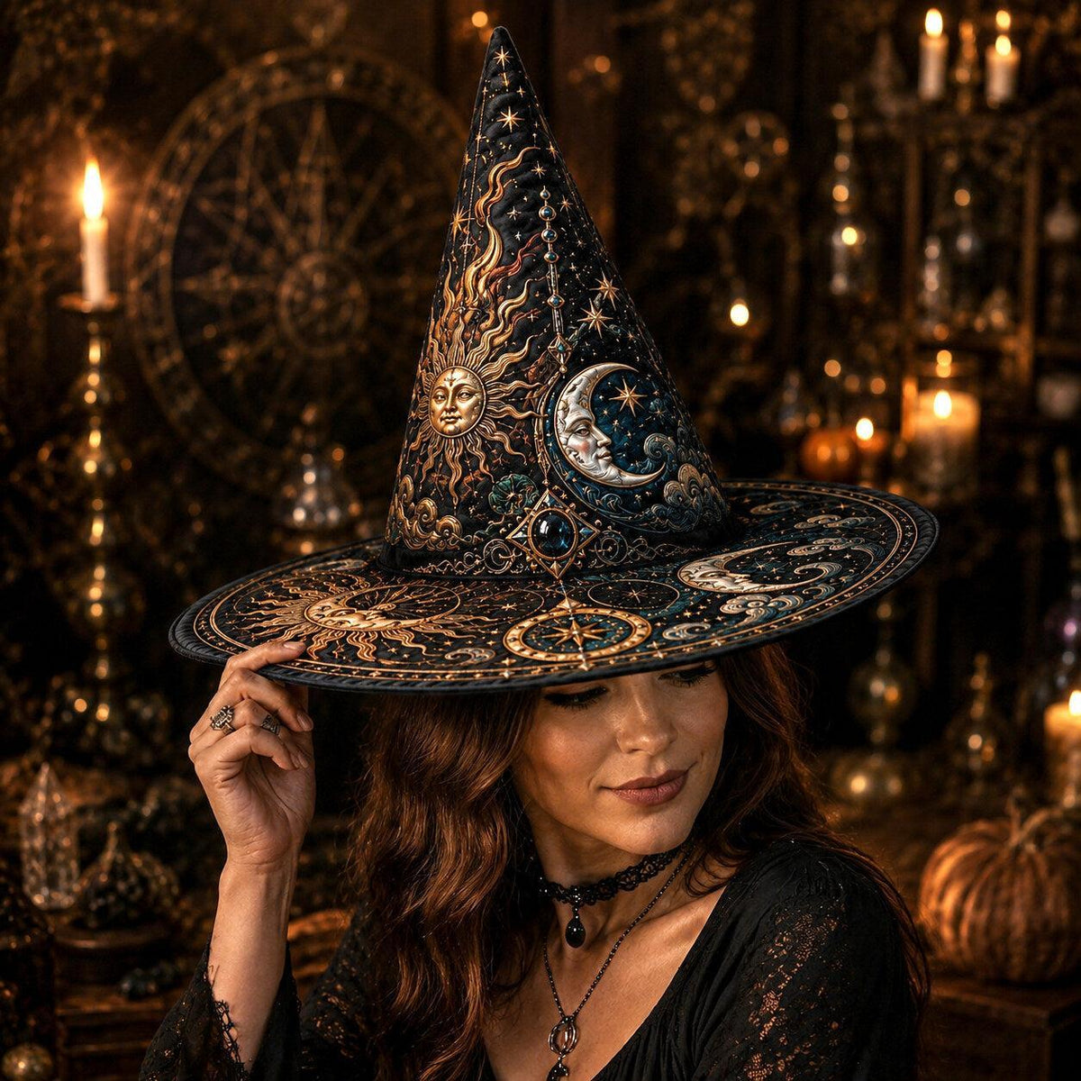 Sun and Moon Witch Hat – Celestial Alchemist Wiccan Pagan Hat – worn, front view