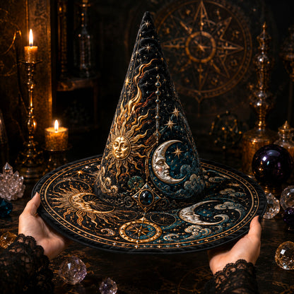 Sun and Moon Witch Hat – Celestial Alchemist Wiccan Pagan Hat – styled with candles and crystals