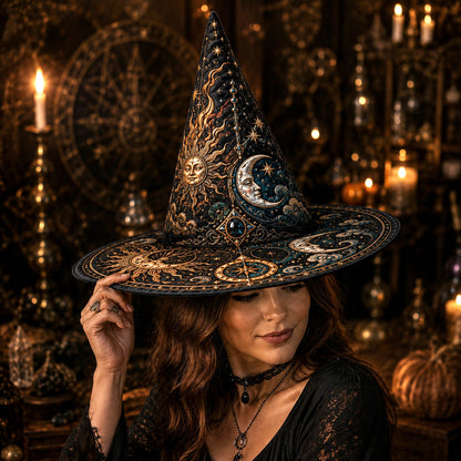 Sun and Moon Witch Hat – Celestial Alchemist Wiccan Pagan Hat – worn, front view
