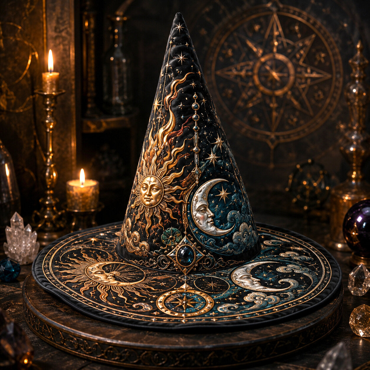 Sun and Moon Witch Hat – Celestial Alchemist Wiccan Pagan Hat – quilting and print detail