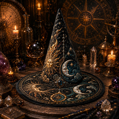 Sun and Moon Witch Hat – Celestial Alchemist Wiccan Pagan Hat – held in both hands