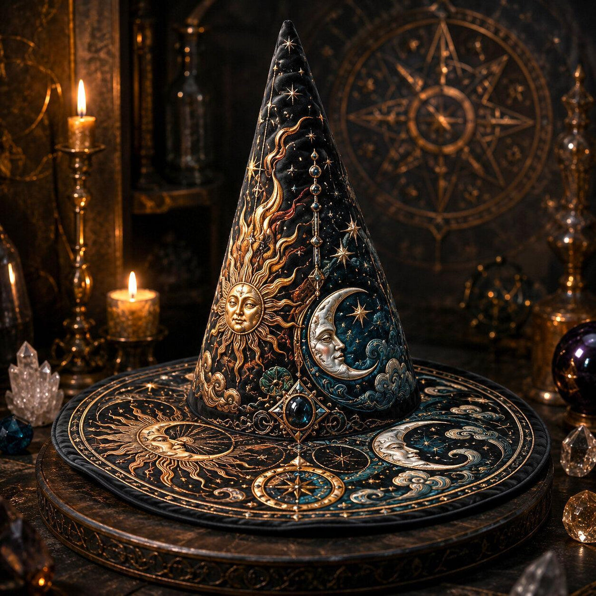 Sun and Moon Witch Hat – Celestial Alchemist Wiccan Pagan Hat – quilting and print detail