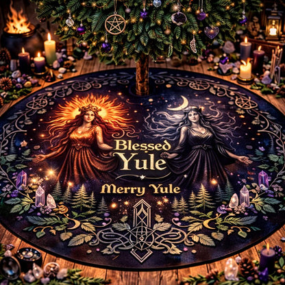 Dark velvet Yule tree skirt with glowing sun and moon goddesses, "Blessed Yule" text, and pagan symbols.