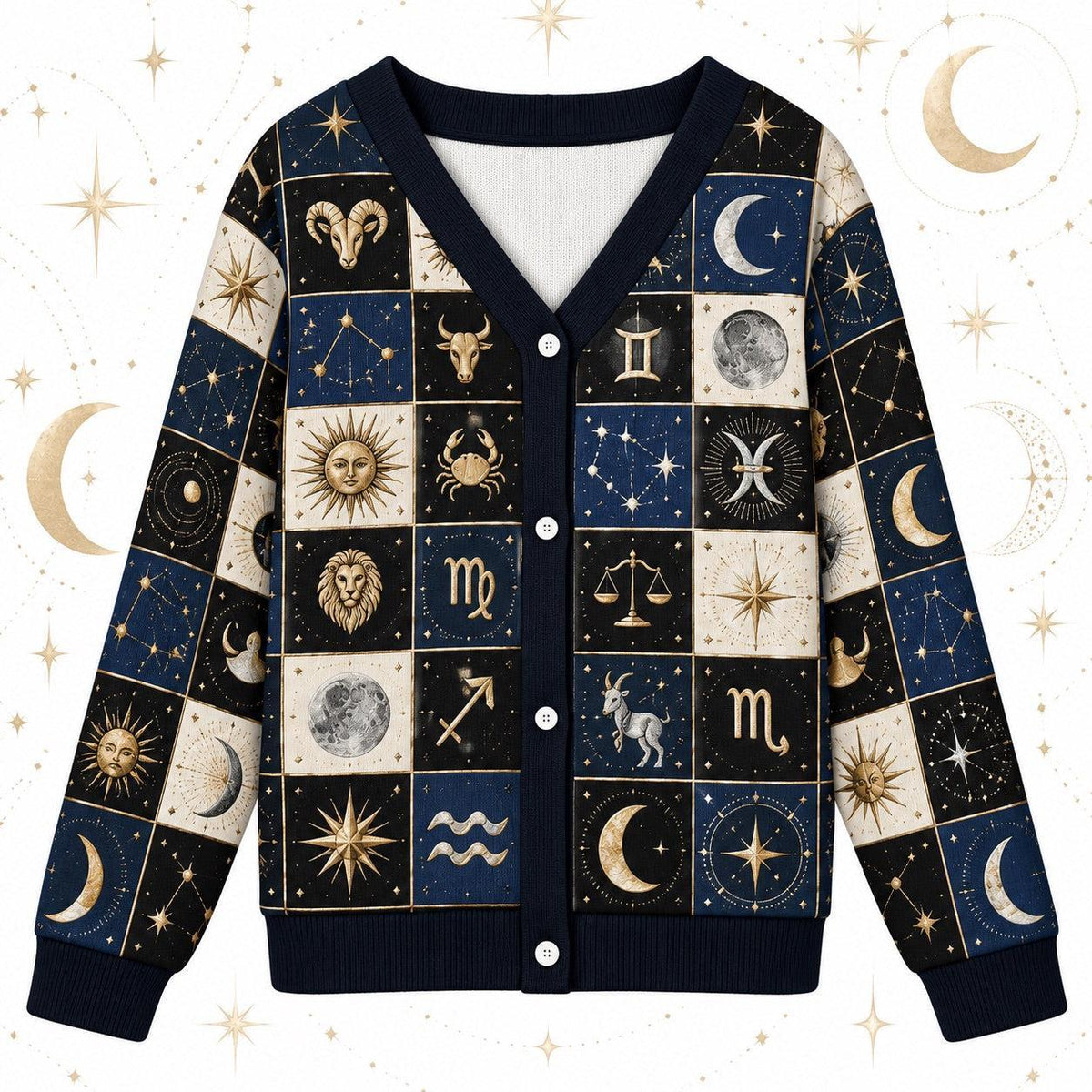 Sun and Moon Zodiac Wheel Patchwork Cardigan for Women Astrology, front view