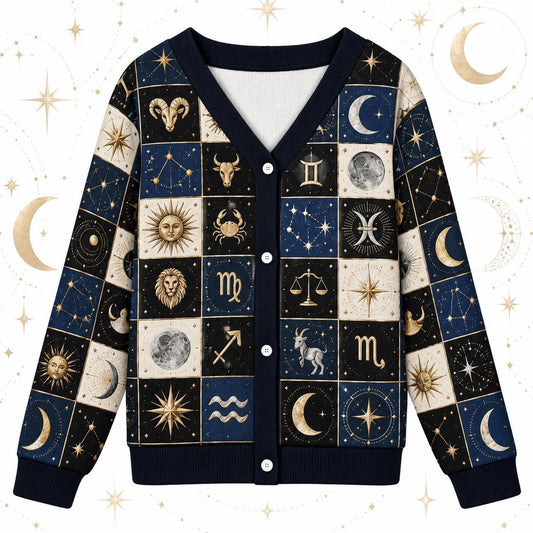 Sun and Moon Zodiac Wheel Patchwork Cardigan for Women Astrology, front view