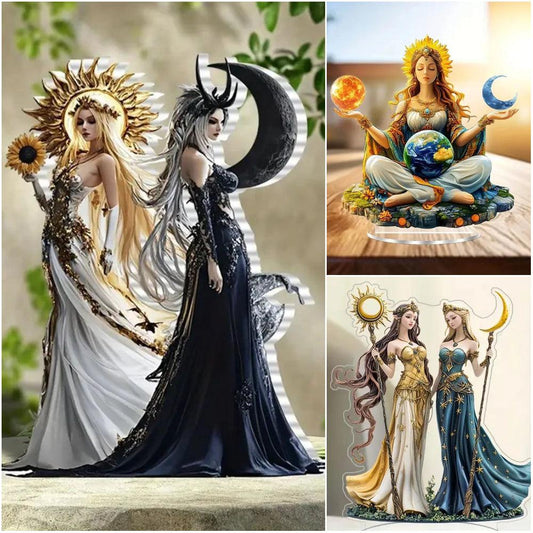 Sun and Moon Goddess Acrylic Decorative Plaque Desktop Decor Celestial Goddess Table Ornament