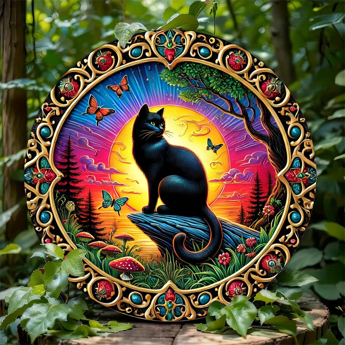 Sunset and Black Cat Metal Sign Gift For Cat Lovers-MoonChildWorld
