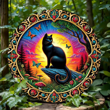 Sunset and Black Cat Metal Sign Gift For Cat Lovers-MoonChildWorld