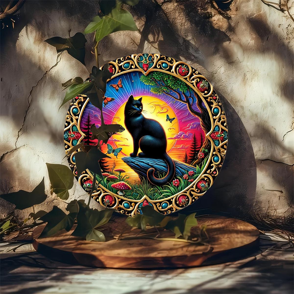 Sunset and Black Cat Metal Sign Gift For Cat Lovers-MoonChildWorld
