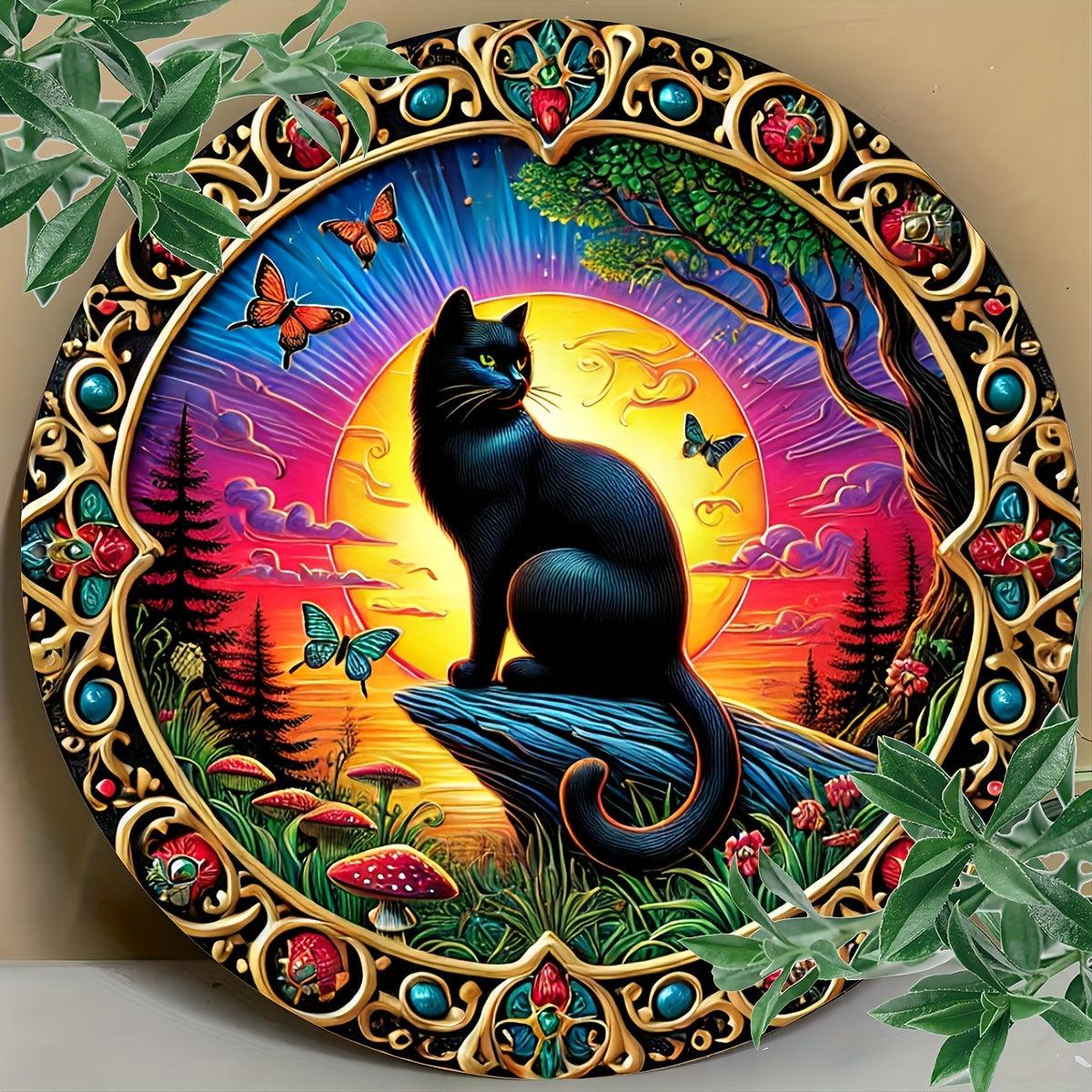Sunset and Black Cat Metal Sign Gift For Cat Lovers-MoonChildWorld
