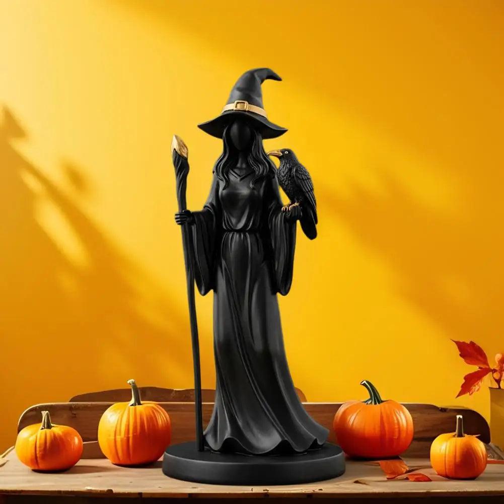 Synthetic Resin Witch Sculpture - Gothic Witch with Raven Figurine for Halloween Decor-MoonChildWorld