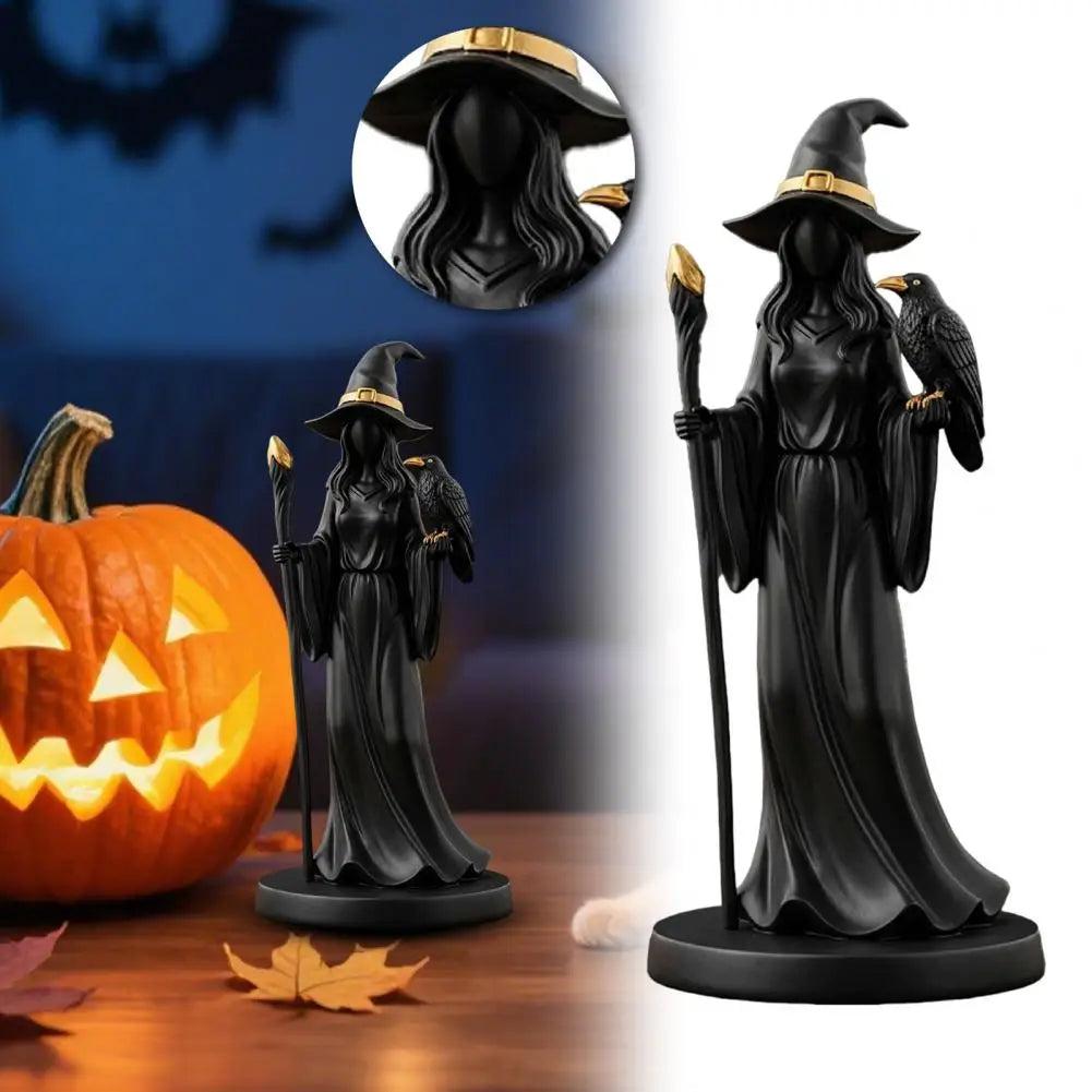 Synthetic Resin Witch Sculpture - Gothic Witch with Raven Figurine for Halloween Decor-MoonChildWorld