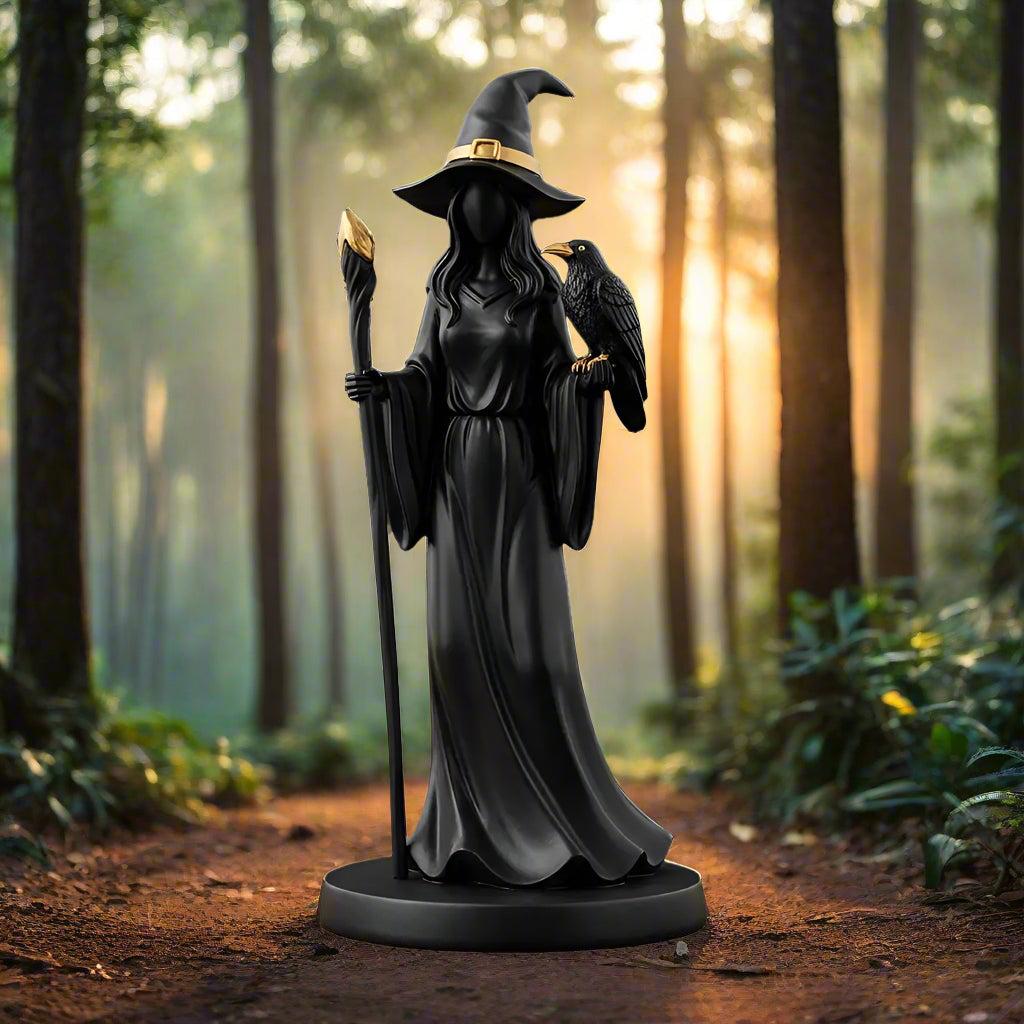 Synthetic Resin Witch Sculpture - Gothic Witch with Raven Figurine for Halloween Decor-MoonChildWorld