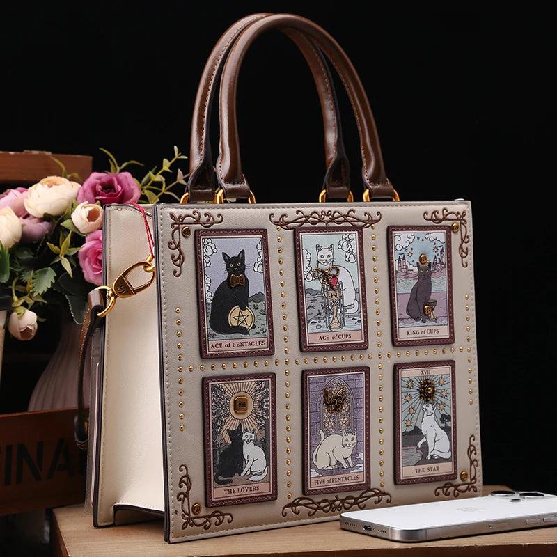 Tarot Cat Witchy Handbag Tote - Occult Cat Crossbody Bag for Witch, Wiccan-MoonChildWorld