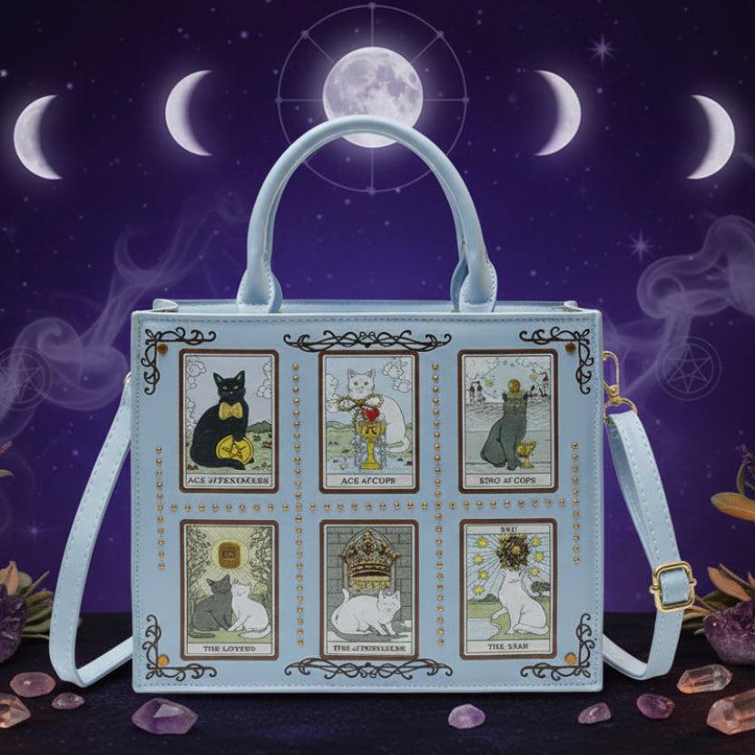 Tarot Cat Witchy Handbag Tote - Occult Cat Crossbody Bag for Witch, Wiccan-MoonChildWorld