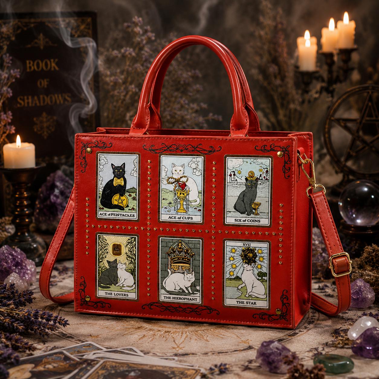 Tarot Cat Witchy Handbag Tote - Occult Cat Crossbody Bag for Witch, Wiccan-MoonChildWorld