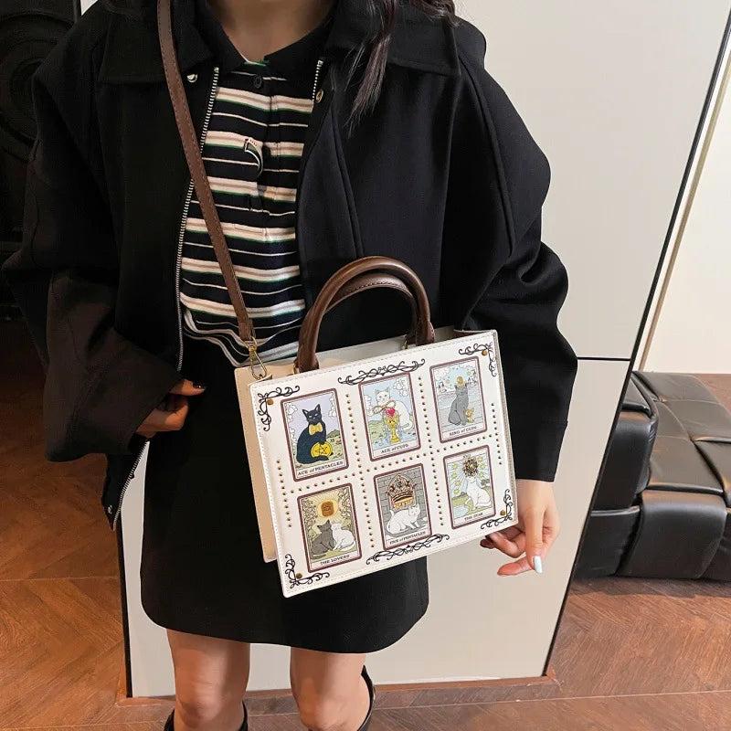Tarot Cat Witchy Handbag Tote - Occult Cat Crossbody Bag for Witch, Wiccan-MoonChildWorld