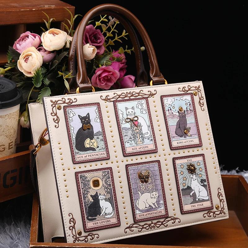Tarot Cat Witchy Handbag Tote - Occult Cat Crossbody Bag for Witch, Wiccan-MoonChildWorld
