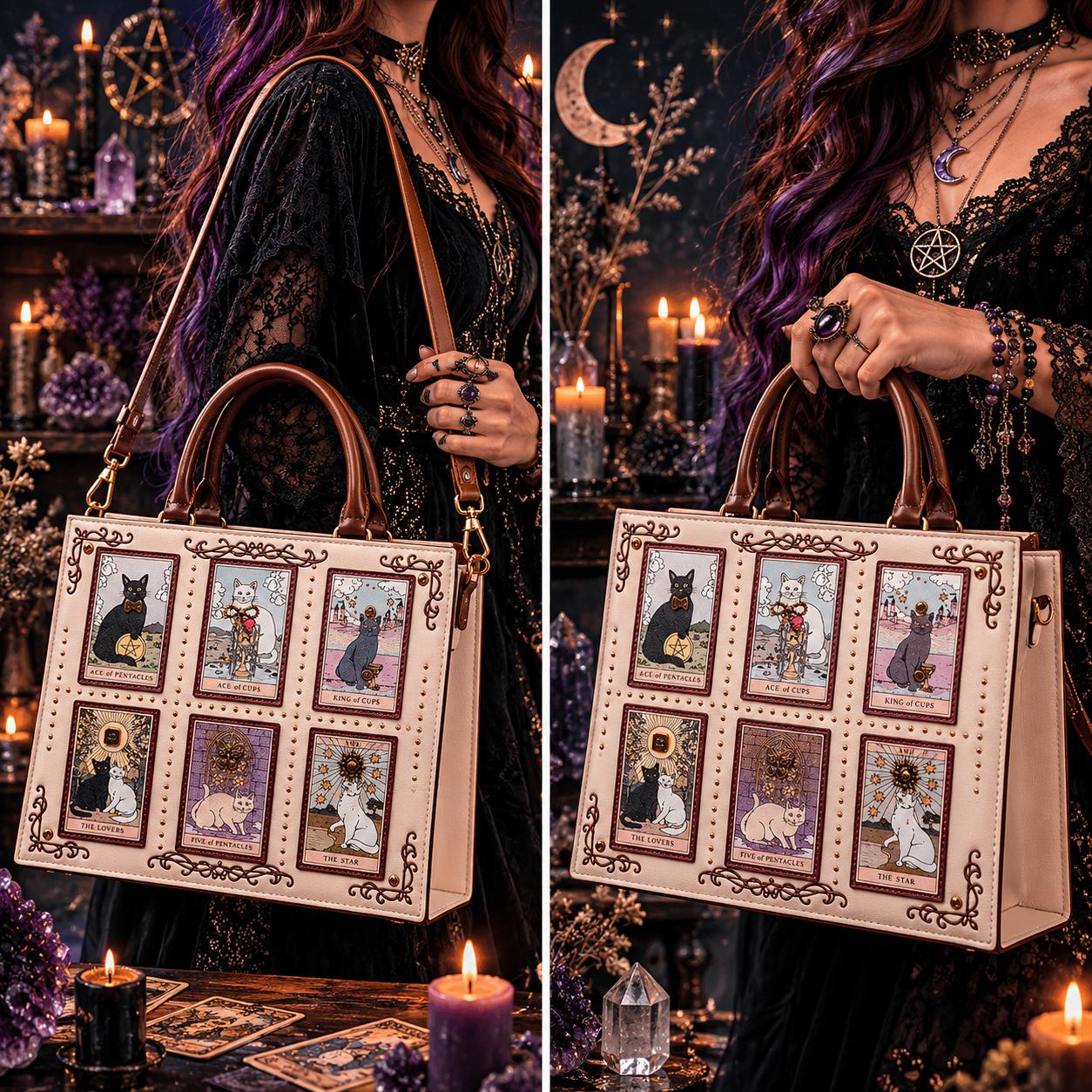 Tarot Cat Witchy Handbag Tote - Occult Cat Crossbody Bag for Witch, Wiccan-MoonChildWorld