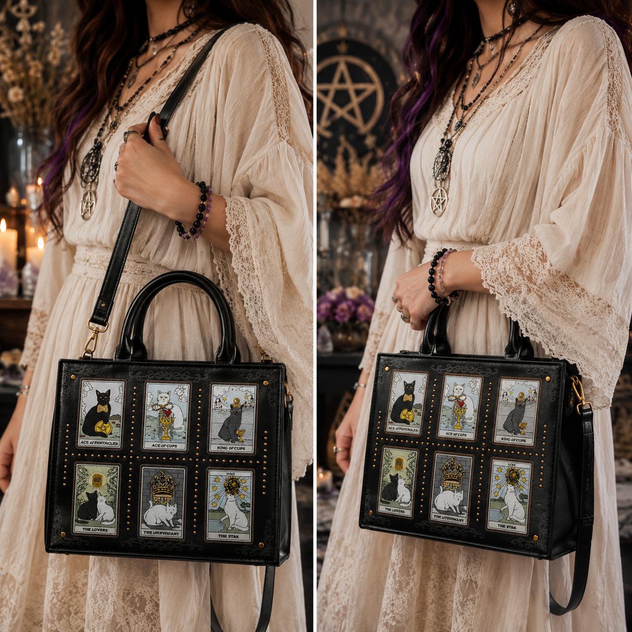 Tarot Cat Witchy Handbag Tote - Occult Cat Crossbody Bag for Witch, Wiccan-MoonChildWorld