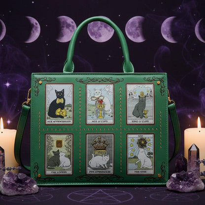 Tarot Cat Witchy Handbag Tote - Occult Cat Crossbody Bag for Witch, Wiccan-MoonChildWorld