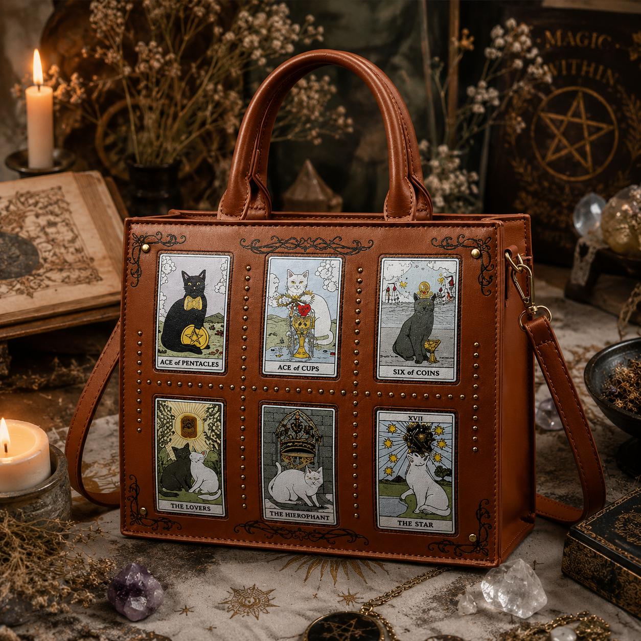 Tarot Cat Witchy Handbag Tote - Occult Cat Crossbody Bag for Witch, Wiccan-MoonChildWorld